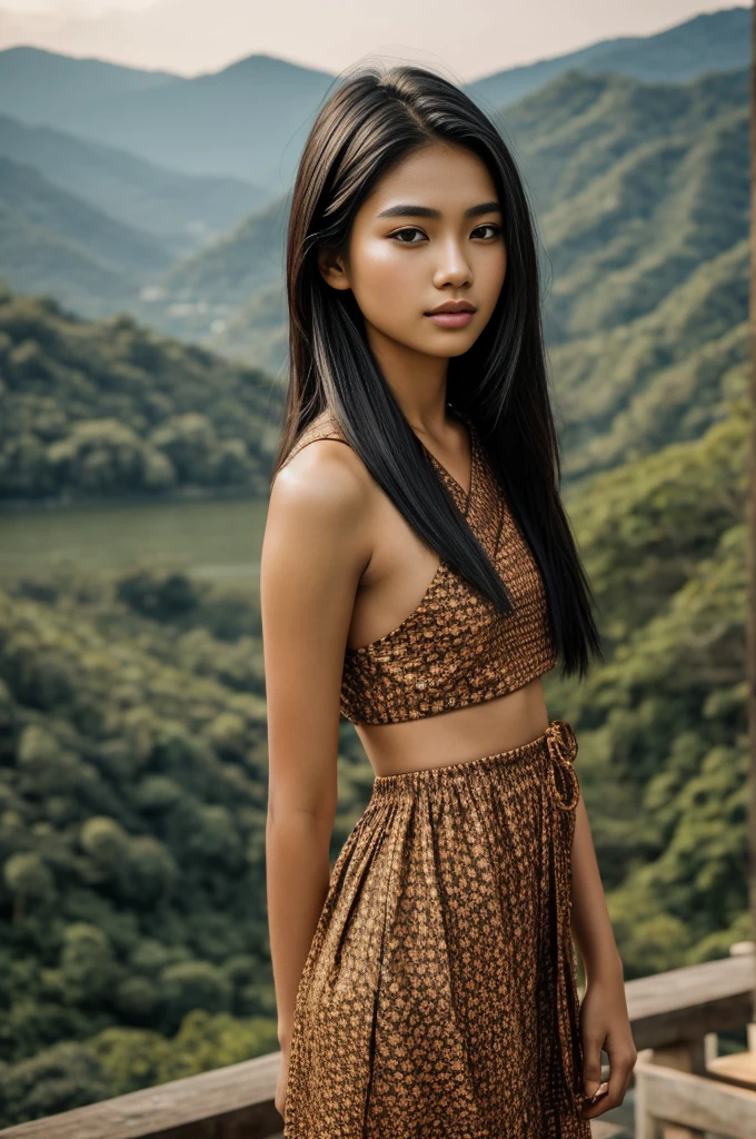 1girl in, age19, Solo, Aesthetic artwork, a beautiful Thai model, straight black hair, shoulder length hair, dark brown eyes, tan skin, thin face, beautiful face, runners body, (textured skin, skin pores:1.1), wearing a beautiful traditional Thai dress, goosebumps, seductive pose, a beautiful Mae Hong Son mountain in the backgroud, sunny, natural light, Nikon Z8 + NIKKOR Z 24-120 mm f/4 S