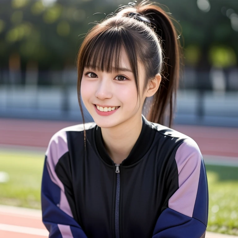 (kawaii 18 year-old Japanese girl, Nogizaka idol, Korean idol, track and field player), healthy female athlete body, (glossy black hair, high ponytail, bangs:1.2), beautiful black eyes, rounded face, single eyelid, (no makeup:1.2), (big laughing), (light pink track jacket, grey sports leggins:1.2), extra small breasts, BREAK, (park background, turf, summer, sunny daytime:1.2), (dynamic angle, bust shot:1.2), BREAK, (masterpiece, best quality, photo realistic, official art:1.4), (UHD, 8K quality wallpaper, high resolution, raw photo, golden ratio:1.3), (shiny skin), professional lighting, physically based rendering, award winning, (highly detailed skin texture, extremely detailed face and eyes textures), Carl Zeiss 300 mm F/2.8, depth of field, (1girl, solo),
