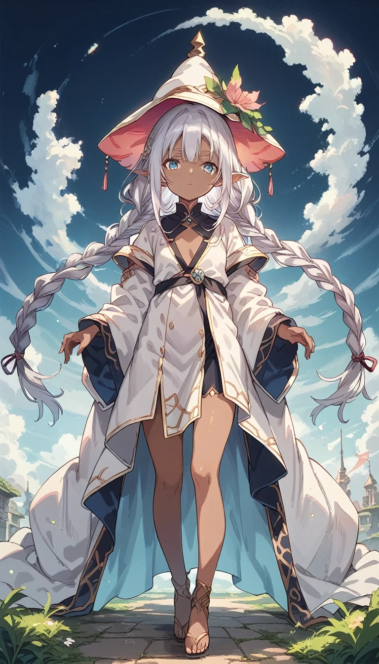 score_9, score_8_up, score_7_up, source_anime, full body, Dark Elf, Female, Tall, Slender, Small Breasts, Long Braids, Silver Hair, Pointed Hat, Robe
