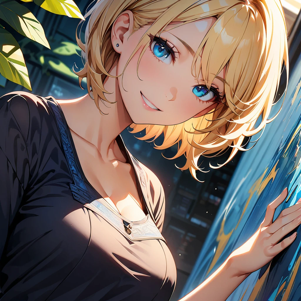 masterpiece, Highest quality, Super detailed, figure, Beautiful details, Depth of written boundary, Dynamic Angle, 8k wallpaper, Portraiture, Best light and shadow quality, 4K, 8k, CG, The finer details, Blurred Background, Upper Body, Contemporary, dress, blonde, Short Hair, Beautiful Eyes, Beautiful splashes,nice smile,Mature,Sexy