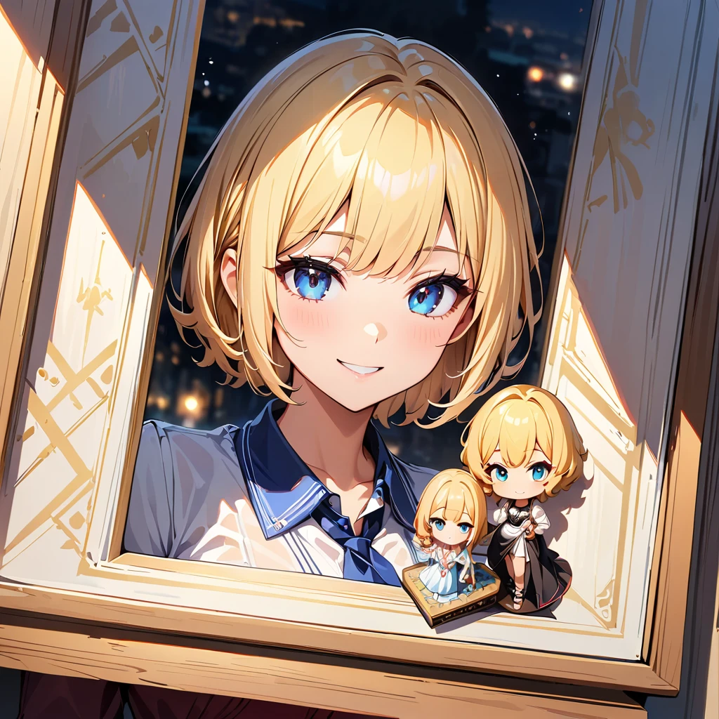 masterpiece, Highest quality, Super detailed, figure, Beautiful details, Depth of written boundary, Dynamic Angle, 8k wallpaper, Portraiture, Best light and shadow quality, 4K, 8k, CG, The finer details, Blurred Background, Upper Body, Contemporary, dress, blonde, Short Hair, Beautiful Eyes, Beautiful splashes,nice smile,Mature,Sexy