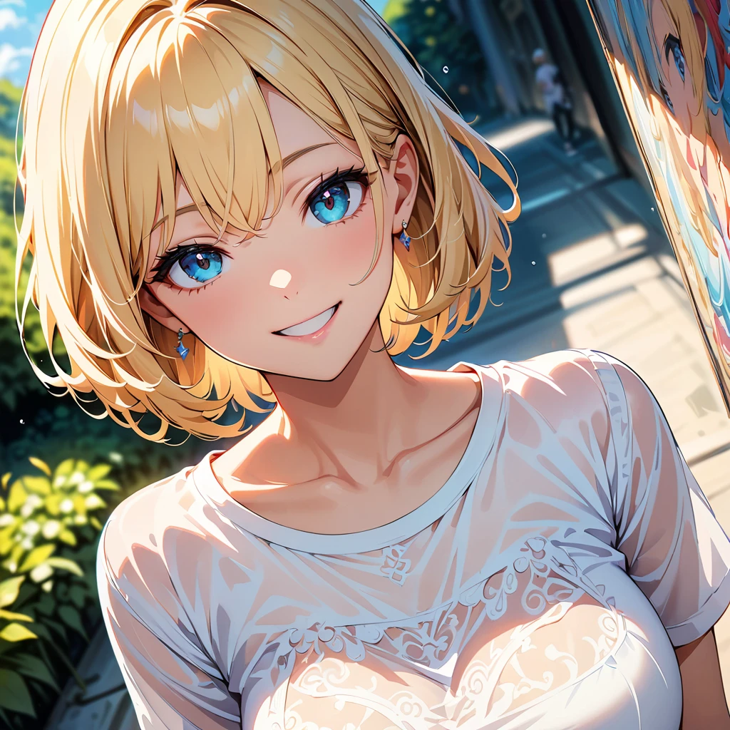 masterpiece, Highest quality, Super detailed, figure, Beautiful details, Depth of written boundary, Dynamic Angle, 8k wallpaper, Portraiture, Best light and shadow quality, 4K, 8k, CG, The finer details, Blurred Background, Upper Body, Contemporary, dress, blonde, Short Hair, Beautiful Eyes, Beautiful splashes,nice smile,Mature,Sexy