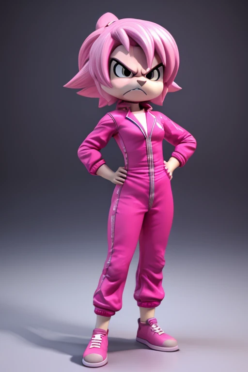 girl with pink jelly hair ,3d,style cartoon ,pose,T-shaped arms,vestimentas, knee-length jumpsuit, blue and pink striped blouse, Angry expression((fully body)),best qualityer,(great quality)