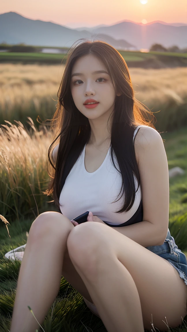 no, Ray Tracing, Radio City, Anisotropic filtration, 16,000, best quality, 1 woman, alone, mature,  beautiful mountain climber, Shorts, light singlet, Gradient long hair, laugh、sunset ,((big breasts)) (((grass field))) Sit with your knees raised.