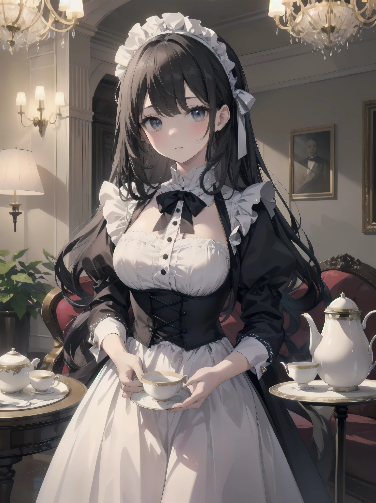 Illustration of a beautiful girl in a cute pose,(Masterpiece: 1.2), (Best quality: 1.2), A cute girl with long black hair, dressed in a classic black and white maid outfit with frilly lace and a matching headband, is standing in a beautifully decorated Victorian-style parlor. She is holding a silver tray with a teapot and teacup, her expression a mix of professionalism and warmth. The background includes ornate furniture, a chandelier, and large windows with heavy drapes, all bathed in soft afternoon light. This illustration emphasizes the elegant and welcoming atmosphere of a high-class tea service