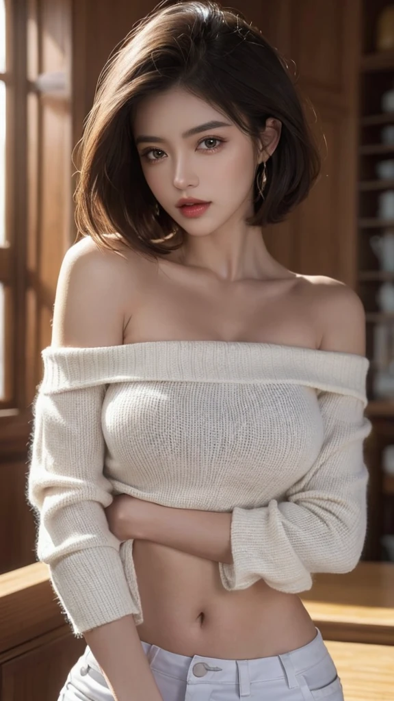 a beautiful young woman ,cafe, slim figure with accentuated abs, wearing a off-the-shoulder top and white jeans, short hair, super detailed and realistic face with elaborate eyes and double eyelids, photorealistic, high resolution, best quality, 4k, 8k, masterpiece, ultra-detailed, realistic, vivid colors, studio lighting, physically-based rendering, professional,白い肌、