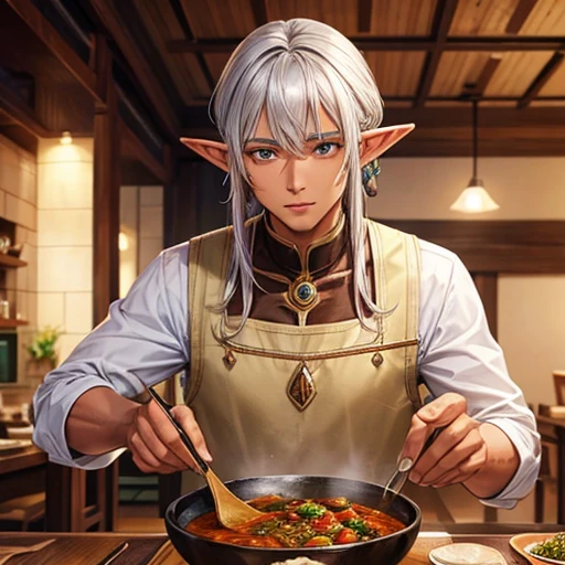 A silver-haired, brown-skinned elf who makes curry at a fantasy curry restaurant.