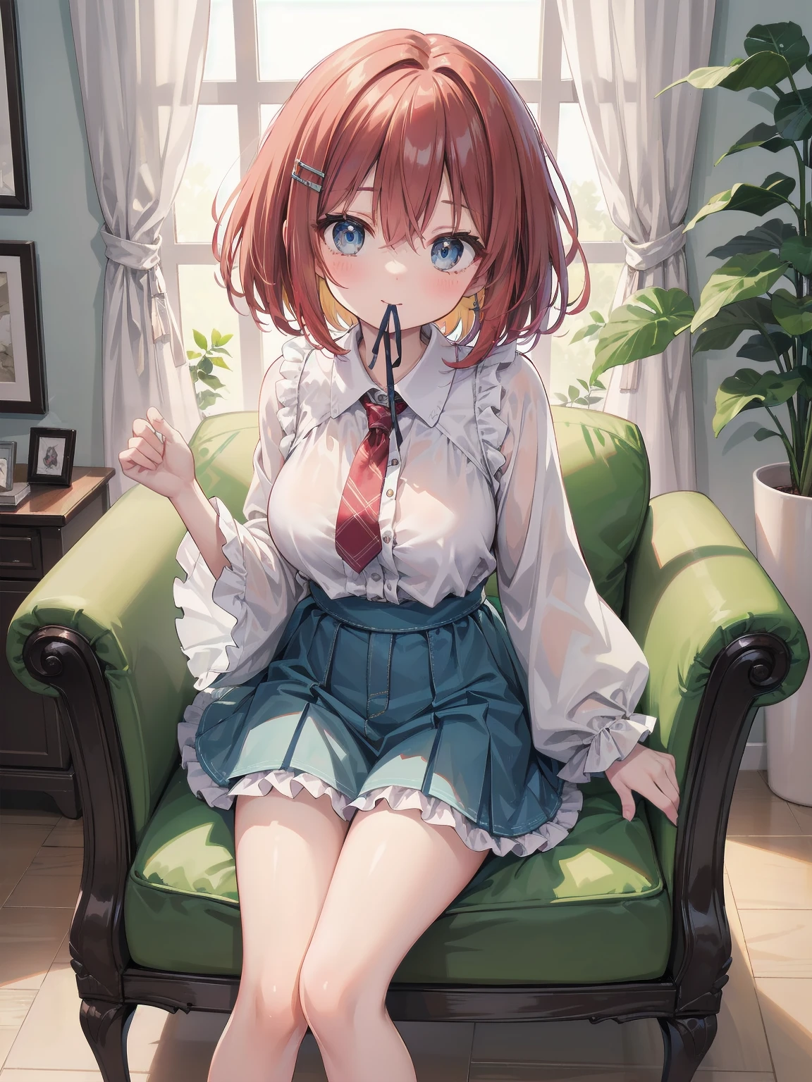 Scene Description: - Composition: Portrait. Focus on the face. Shot from the front. - Subject: Cute girl. (Chibi:1.1). Real person. - Features: - Face: (Cute round face:1.2). - Eyes: Detailed dark blue eyes. - Hair: One-leg bob-cut hair down the front with a large ribbon hairpiece, (golden hair), (red inner hair), auburn hair, hair between the eyes. - Body: Detailed slender body. Large breasts. - Clothing: Pink ruffled blouse, flares, blue ribbon tie, long ruffled sleeves, layered skirt. - Expression: happy expression. Mouth open. - Pose: head tilted back. She is looking at the viewer. - Background: living room of a trendy café. - Elements: Houseplants. Cute pastel sofa. Cute pastel curtains. Cute pastel-colored wallpaper. Time: Daytime. Lighting: (Natural light: 1.4). Art Style: Watercolor. Traditional media. Quality: Intricate details. Highly detailed. Outstanding complexity. (Masterpiece: 1.2). (Highest quality: 1.2). (Absurd absolute resolution: 1.4). Mood: Calm,