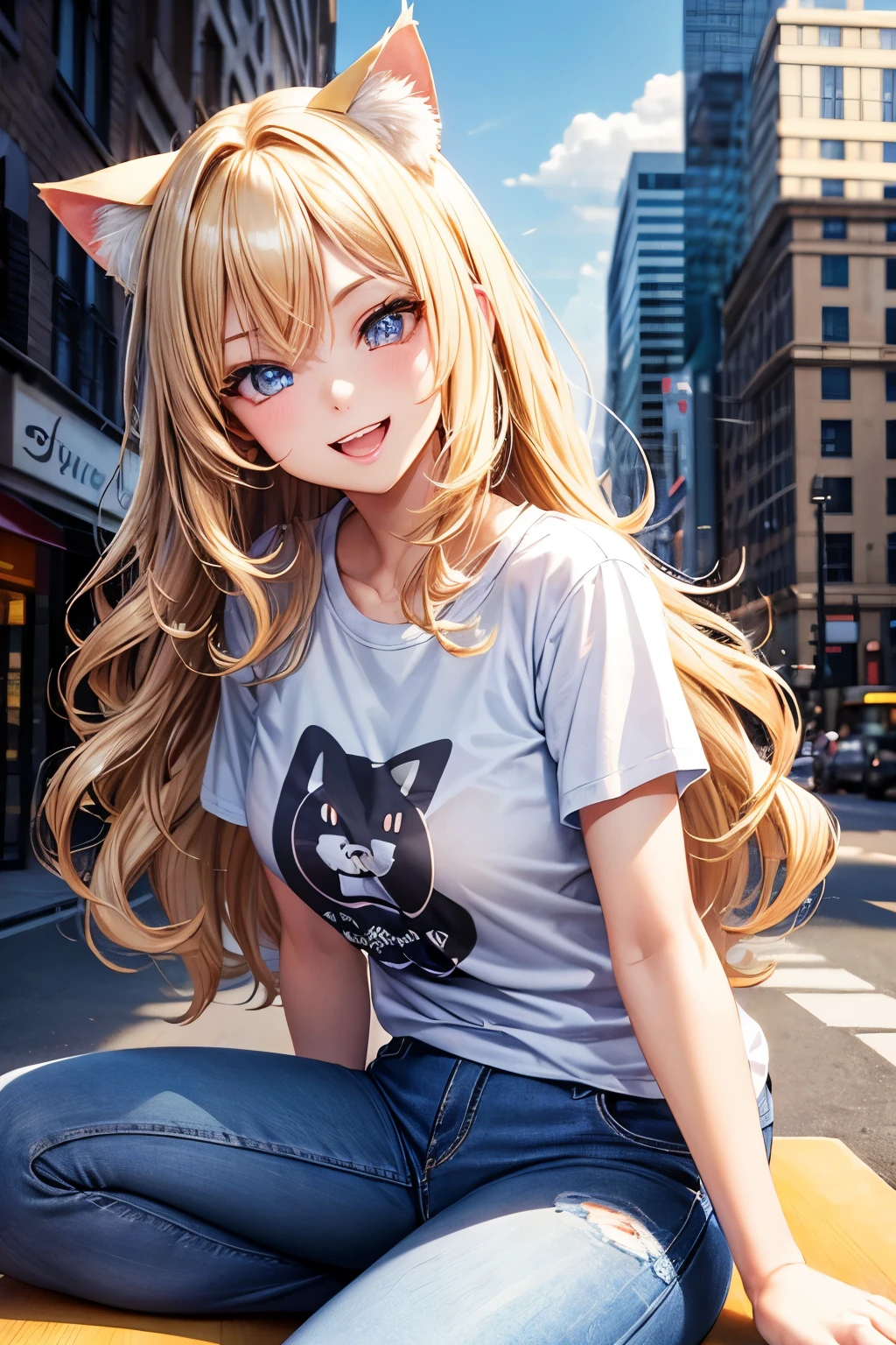 Best Quality, High Definition, Perfect Human Structure, Focus on Background, Front View, Blonde, Bob, Shiny Hair, Cat Ear, Smiling Heart Shape Eyes, Sideways Fringe, Wavy Hair, Vanity, Shiny Hair, Upper Teeth, Gradient Eyes, T-shirt, Jeans, City, Head Tilt