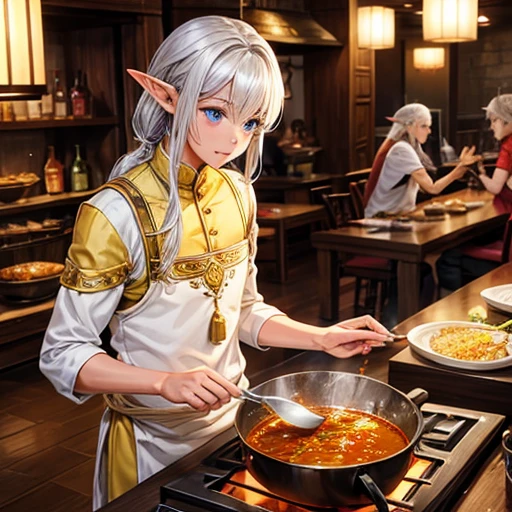 Making curry at a fantasy curry restaurant Silver-haired, brown-skinned elf