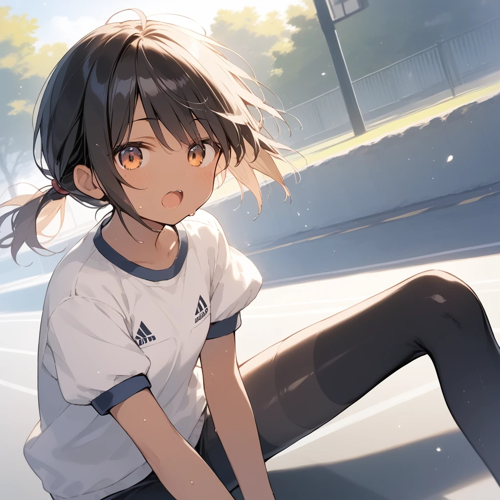 score_9, score_8_up, score_7_up, source_anime, best quality, masterpiece, official art, absurdres, highres, ultra-detailed,waifu2x,Collection: Slice of Life,break,1girl, tomboy, dark-skinned female, short hair, low ponytail, flat chest, beautiful detailed eyes, gym uniform, bike shorts, sweat, open mouth, (yawn:0.3), sleepily, outdoors, park, wind,break,(clear line illustration:1.2), super detailed skin,very high resolution, very aesthetic, Best sexual lighting powered by famous artist, 8k,cute picture,beauty illustration,photoshop_(medium),,(Detailed Lighting),best anime 8k konachan wallpaper, pixiv contest winner,