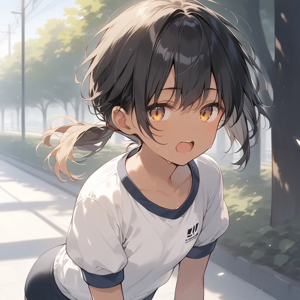 score_9, score_8_up, score_7_up, source_anime, best quality, masterpiece, official art, absurdres, highres, ultra-detailed,waifu2x,Collection: Slice of Life,break,1girl, tomboy, dark-skinned female, short hair, low ponytail, flat chest, beautiful detailed eyes, gym uniform, bike shorts, sweat, open mouth, (yawn:0.3), sleepily, outdoors, park, wind,break,(clear line illustration:1.2), super detailed skin,very high resolution, very aesthetic, Best sexual lighting powered by famous artist, 8k,cute picture,beauty illustration,photoshop_(medium),,(Detailed Lighting),best anime 8k konachan wallpaper, pixiv contest winner, 