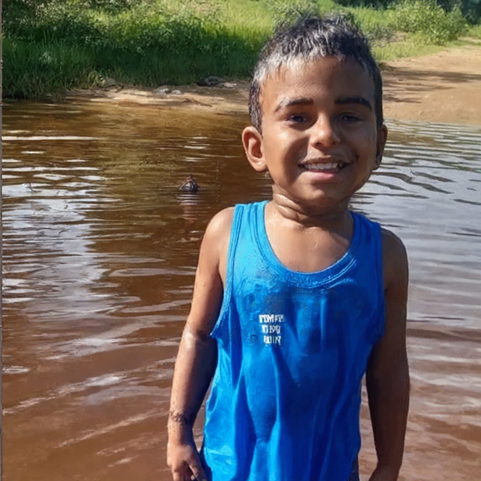 there is a boy standing in a muddy river in a blue shirt, river in front of him, Amazonian indigenous peoples in Brazil, 3 Brazilian mother of 5 years, standing next to the water, That's Nag, in a river in the jungle, caio santos, standing in a pond, Matthew 9 5, playing with water, Absolutely remarkable image, on a lake