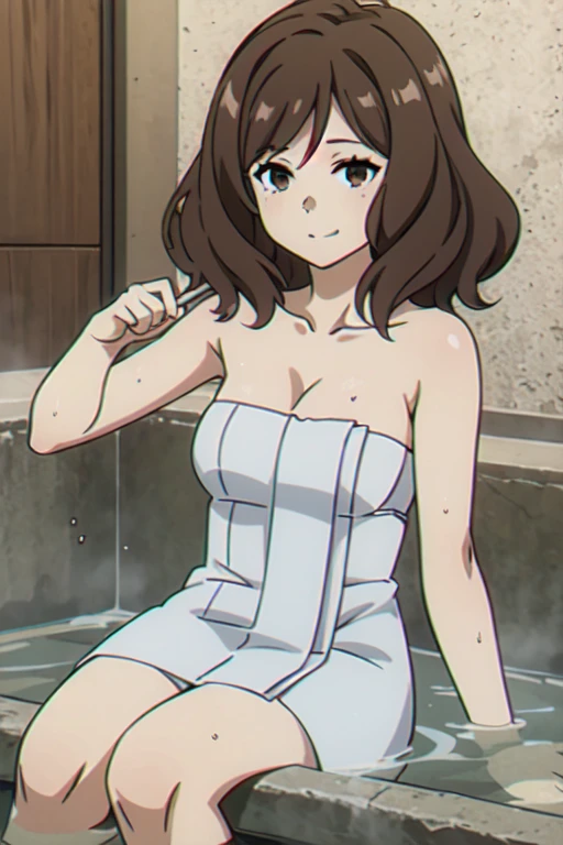 (((Best quality))),((Ultra-detailed)),((illustration)),((Disheveled hair)),((frilld)),(1 girl),(Solo), 1girl,bath,bathing,breasts,collarbone,convenient censoring,hair between eyes,light purple hair,looking at viewer,medium breasts,nude,onsen,partially submerged,petals on liquid,ripples,short hair,sitting,smile,soaking feet,solo,steam,water,wet,wet hair,(bath towel:1.4),(towel:1.2), brown eyes,brown hair,rating:safe,