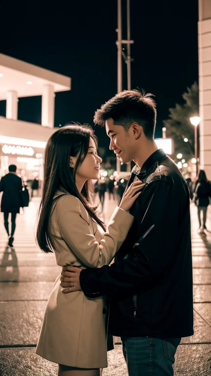 Couple meeting in front of the mall at night