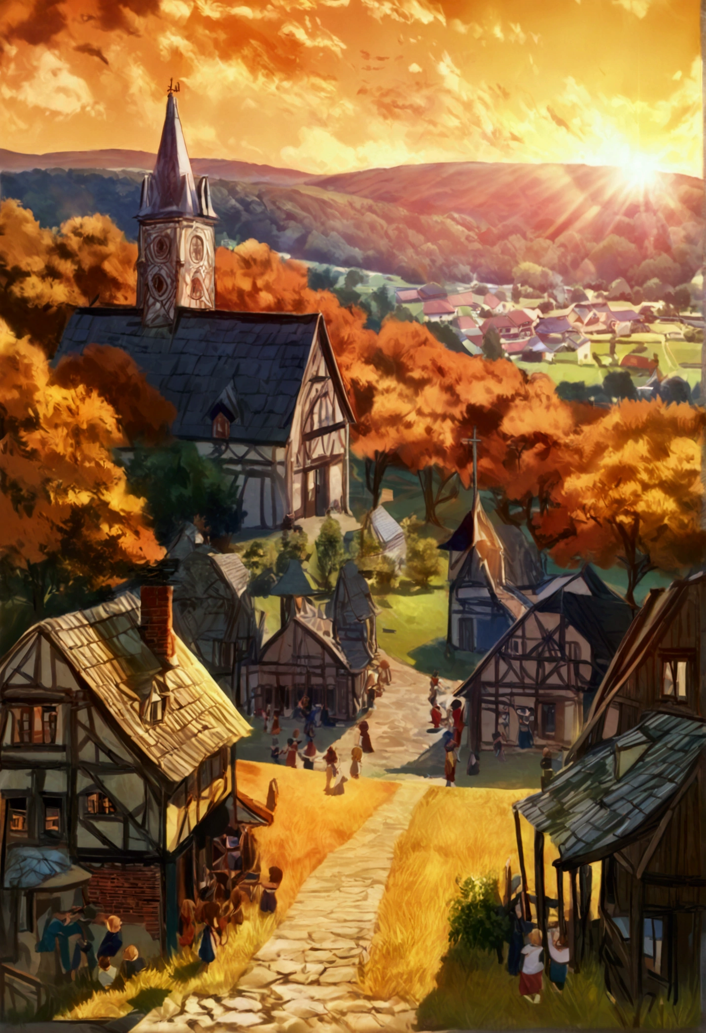 A view of a medieval orphanage, far from the houses and alone in an old picture. It is located on top of a small hill overlooking a small village surrounded by fields and farms, under an orange sunset sky.. In the front yard of the orphanage, children play and edit the photo at the same time
