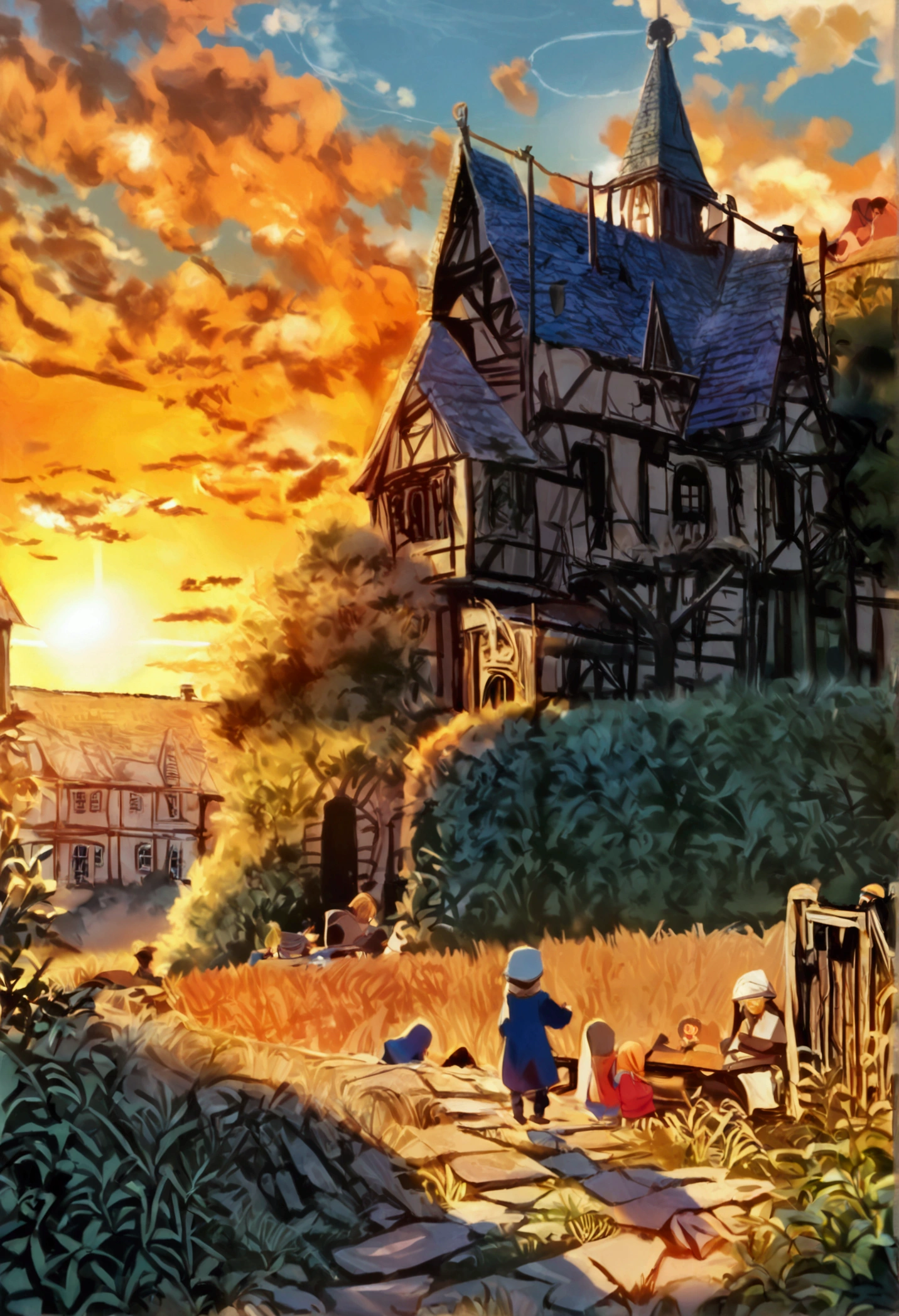  A view of a medieval orphanage, far from the houses and alone in an old picture. It is located on top of a small hill overlooking a small village surrounded by fields and farms, under an orange sunset sky.. In the front yard of the orphanage, children play and edit the photo at the same time