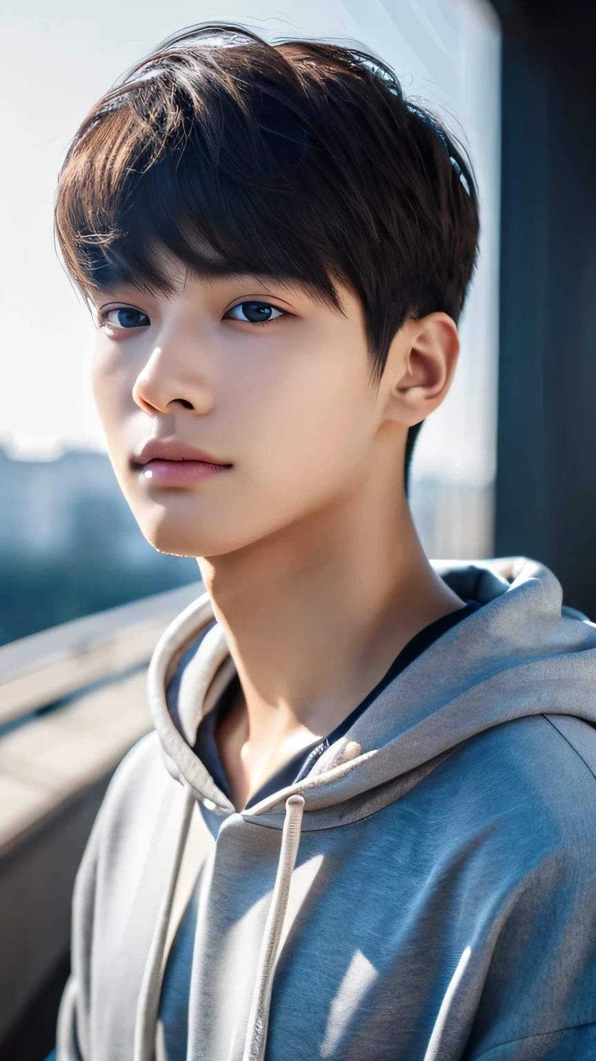 Highest quality, masterpiece, Ultra-high resolution, (Realistic: 1.4), Original photo, wallpaper, Head Photo, skin, Simple Background, Iris, detailed, Selfie, 1 boy, 18-year-old, good looking, Wind,Headphones、hoodie