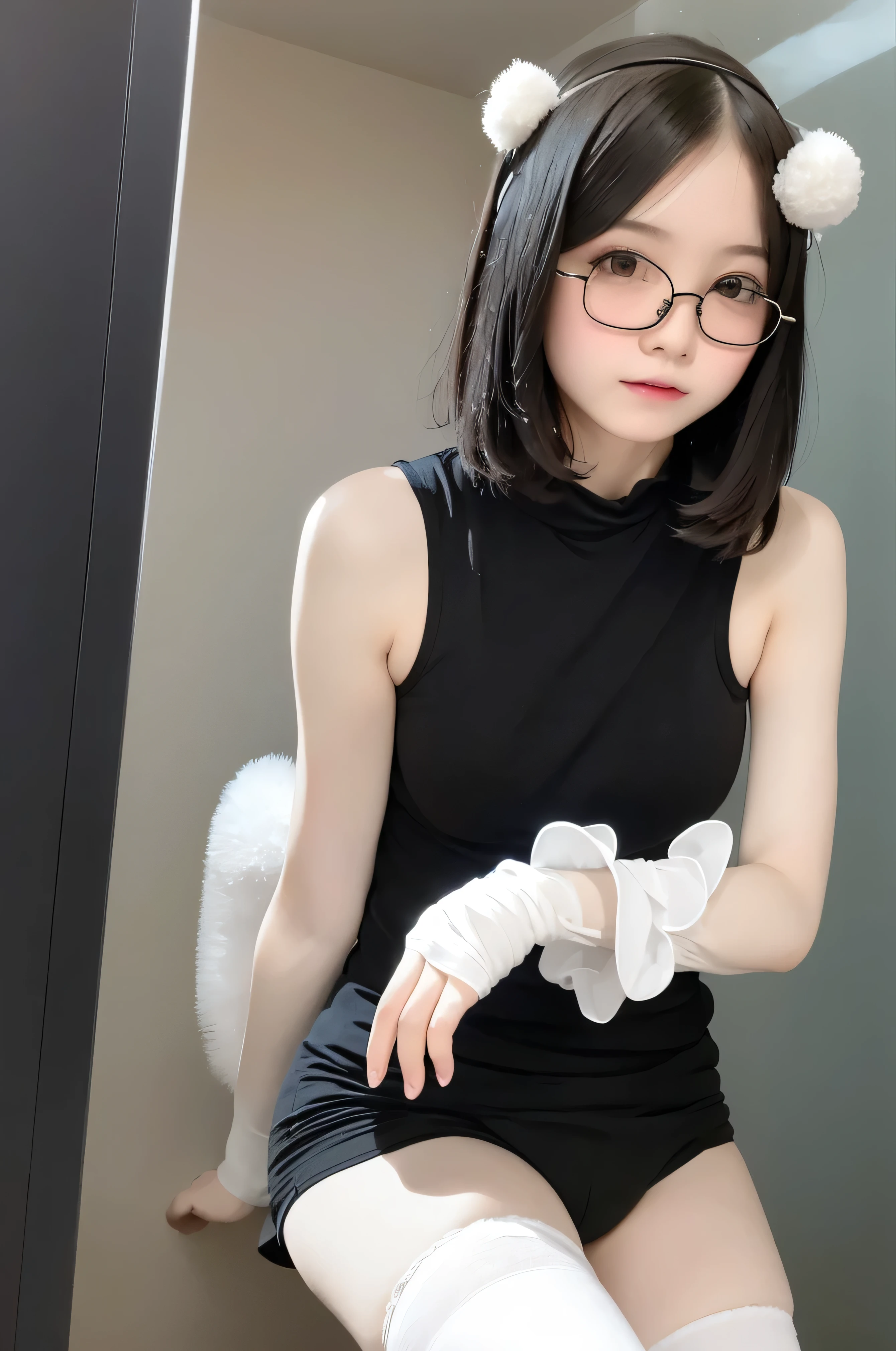 (masterpiece, Highest quality, It captures a very cute moment, Depth of written boundary, Super detailed, Ultra-high resolution, C4D, Octadale, 3D Modeling,Realistic human photos、 8k, 16K, One Girl,, 、Small breasts,Black Hair,short hair,Straight Hair,Light brown eyes,White headband,Wearing black glasses,Cute Face), Bloomers, Black tank top, zettai ryouiki, Wet clothes,Classroom Nights,Moonlight, Good elevator, Take off、Real-life skin、Not an anime、Realistic、