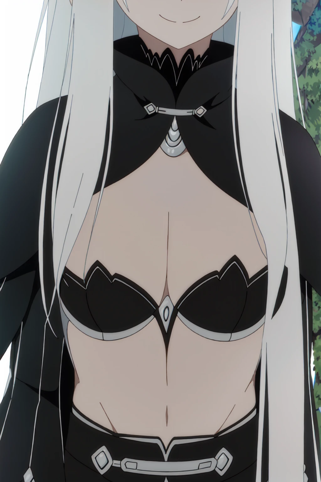 (masterpiece:1.2, Highest quality),  colorful, Hyper Detail, Intricate details, wallpaper, 1 girl, alone, echidna, Black Dress, (Detailed fantasy outdoor background), Large Breasts, View your viewers, smile, Side Lock, Long white hair, hair ornaments, [belly button], Upper Body, Long sleeve, （Black lace dress:1.4)