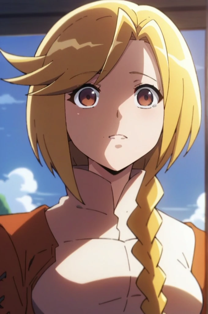 score_9, score_8_up,  score_7_up, source_anime, best quality, masterpiece, 1girl, enri emmot, overlord, brown eyes, blonde hair, facing viewer, beautiful lighting, absurdres, , young, side plait, plaited hair