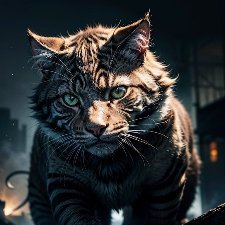 a huge cat towering over buildings, dark fantasy, horror, terrified girl running, dark moody lighting, dramatic angle, hyper-realistic, highly detailed, 8k, ultra-detailed, masterpiece, photorealistic, cinematic lighting, dramatic shadows, intense atmosphere, sense of scale, powerful feline presence, gripping narrative, extreme detail, sharp focus, vivid colors, volumetric fog