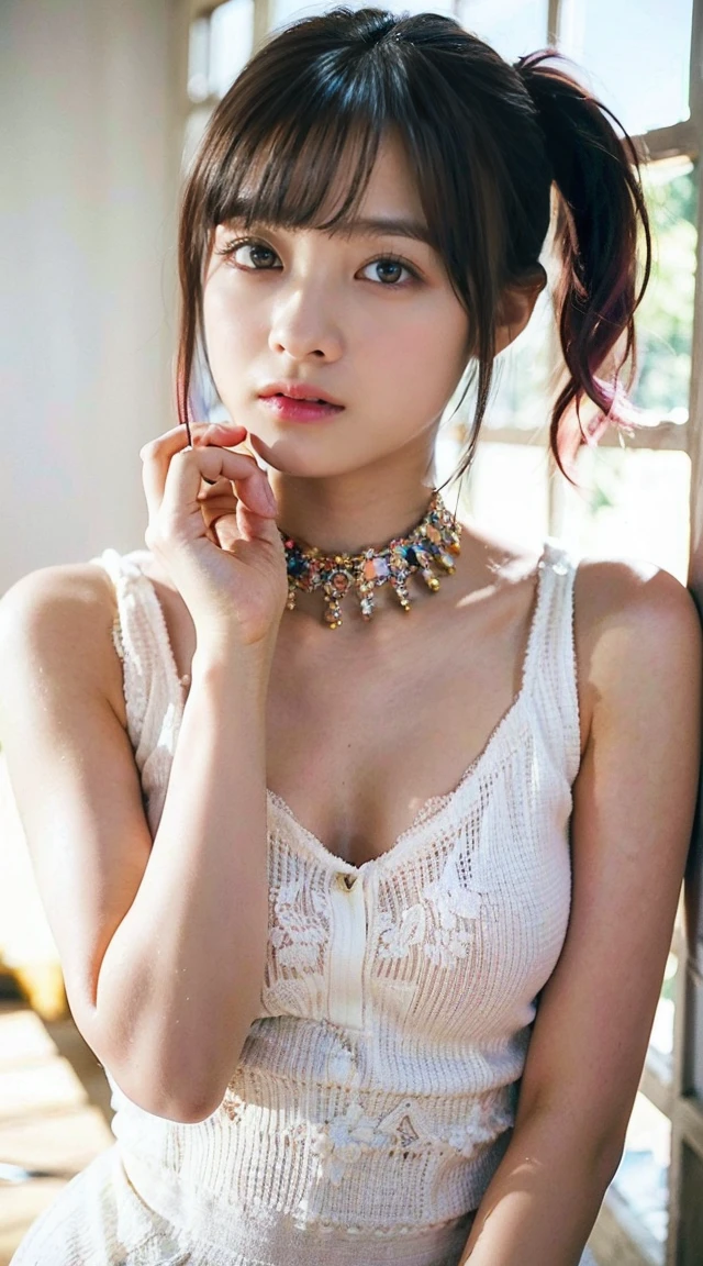 cut
(Small Tits), (18-year-old), (very small head), dawn, sunlight, (Perfect body:1.1), (short hair, Wavy Hair, Pink Hair), (8k), (Very delicate and beautiful), (Highest quality:1.0), (Realistic), Realistic Shadows, (High resolution:1.0), Detailed skin, Very detailed, the body is slim, (Beautiful Hair, Real Hair, Thin Hair), blush, Realistic, Realistic Face, Realistic eyes, Small eyes, smile, (((colorful))), (eyeliner), (mascara), (eye shadow), whole body、Open leg pose、Nipples、naked、Thick pubic hair、ponytail、Black choker