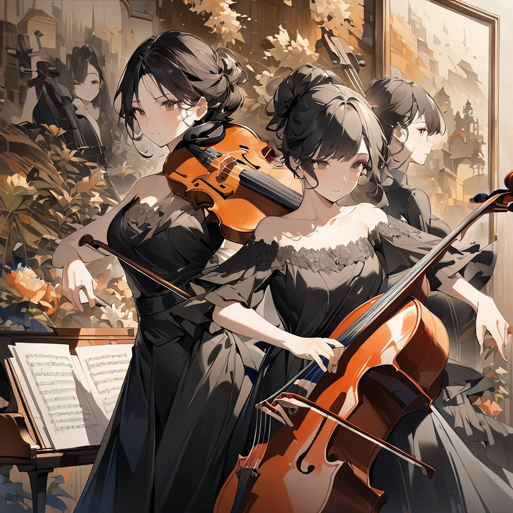 A fusion of watercolor and oil painting, A fusion of paper cutting and shadow art, Highest quality, Super Fine, 16K, 2.5D, Delicate and dynamic depiction, trio, (piano, violin, cello), Three beautiful female performers in black dresses, Portraiture, Elegant effect, Detailed decorative background, Old paper texture, Abstract Painting