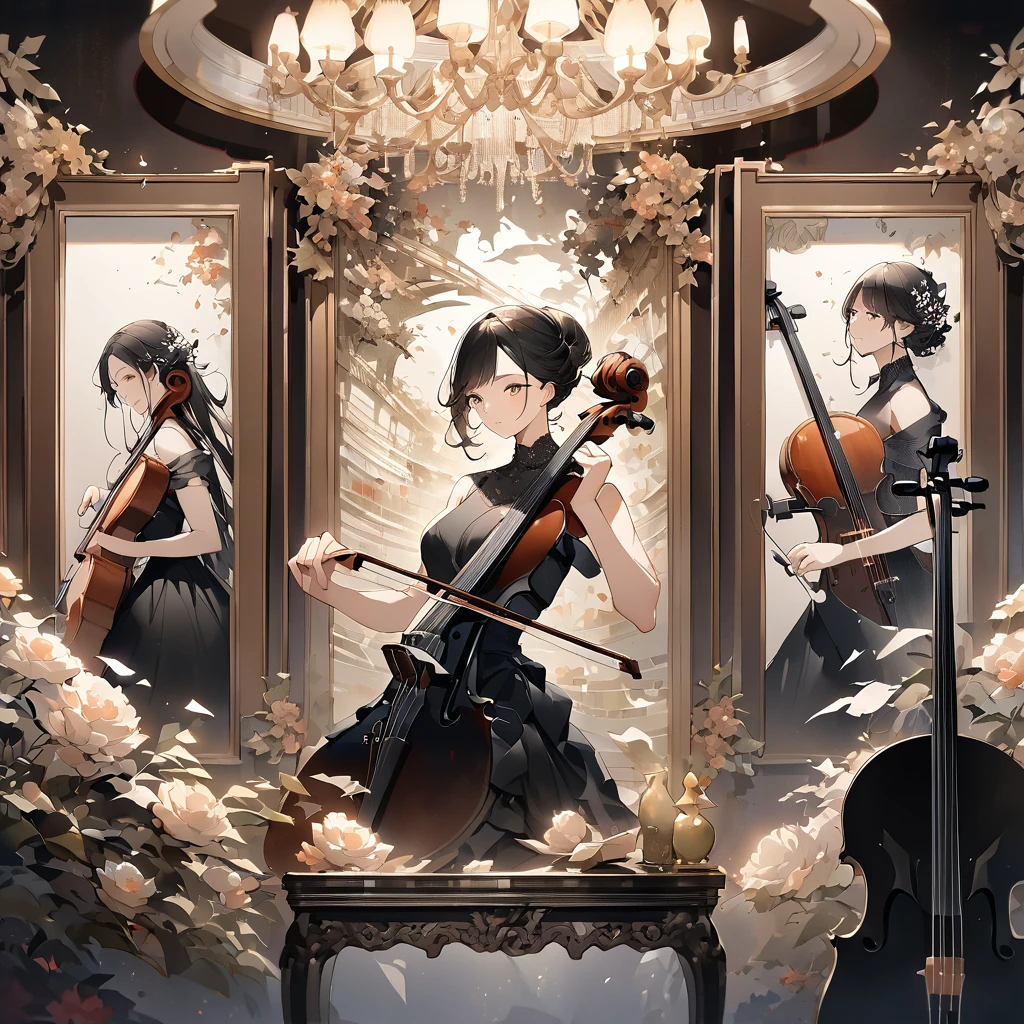 A fusion of watercolor and oil painting, A fusion of paper cutting and shadow art, Highest quality, Super Fine, 16K, 2.5D, Delicate and dynamic depiction, trio, (piano, violin, cello), Three beautiful female performers in black dresses, Portraiture, Elegant effect, Detailed decorative background, Old paper texture, Abstract Painting