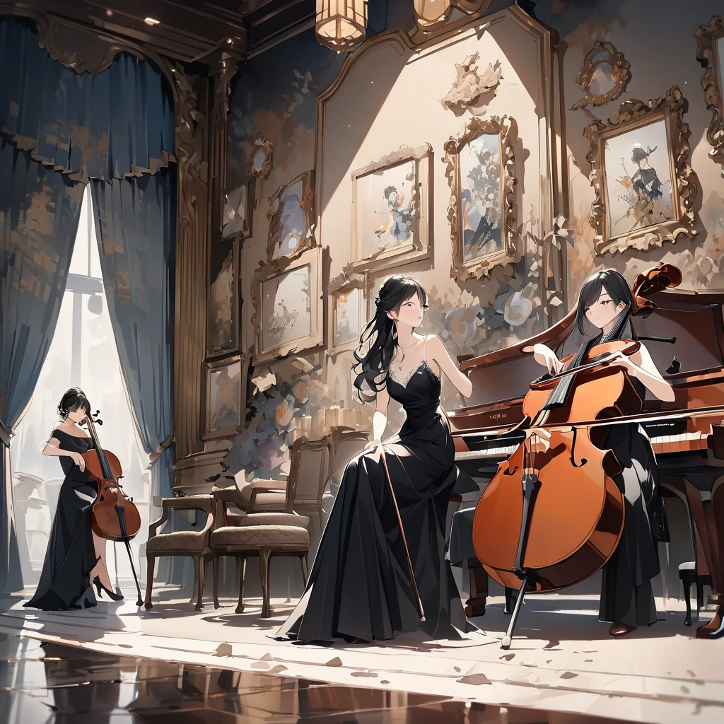 A fusion of watercolor and oil painting, A fusion of paper cutting and shadow art, Highest quality, Super Fine, 16K, 2.5D, Delicate and dynamic depiction, trio, (piano, violin, cello), Three beautiful female performers in black dresses, Portraiture, Elegant effect, Detailed decorative background, Old paper texture, Abstract Painting