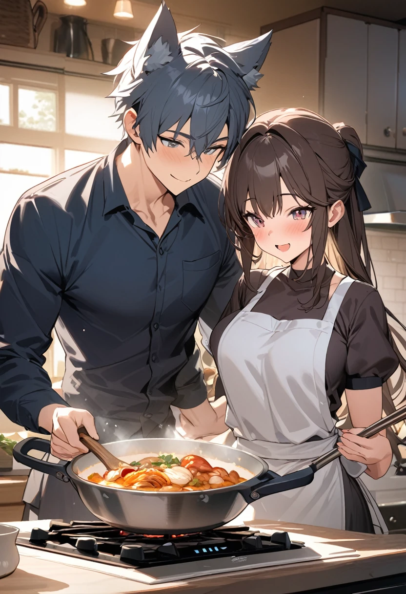 cover page, Cuisine Information Journal, highres, top quality, best quality, paid reward available, High-quality illustrations, unparalleled masterpiece, perfect artwork, absurdres(lovers, housekeeper girl, cooking, wolf husband)Newlyweds, kitchen, smile:0.2, perfect anatomy, cinematic lighting,