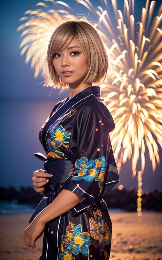 gyaru, dark-skinned, shiny oiled skin, blond hair, short cut hair, wearing vivid yukata, standing in seaside beach, dark-night, deep fog, orange lanthanum light, Fireworks Festival Venue, Fireworks in the background, cinematic lighting, close up shot