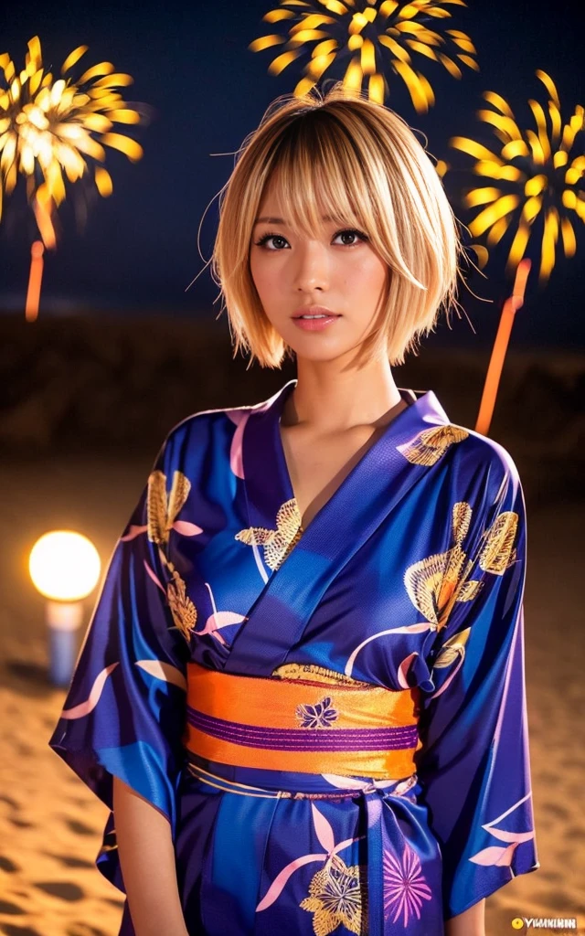 gyaru, dark-skinned, shiny oiled skin, blond hair,  short cut hair, wearing vivid yukata, standing in seaside beach, dark-night, deep fog, orange lanthanum light, Fireworks Festival Venue, Fireworks in the background, cinematic lighting, close up shot