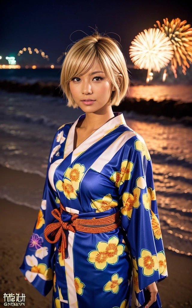 gyaru, dark-skinned, shiny oiled skin, blond hair, short cut hair, wearing vivid yukata, standing in seaside beach, dark-night, deep fog, orange lanthanum light, Fireworks Festival Venue, Fireworks in the background, cinematic lighting, close up shot