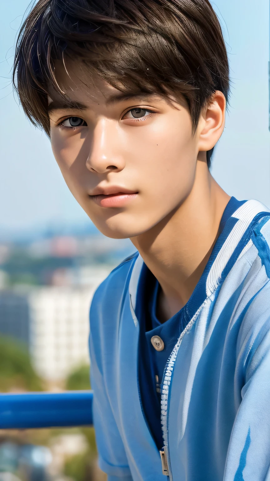 Highest quality, masterpiece, Ultra-high resolution, (Realistic: 1.4), Original photo, wallpaper, Head Photo, skin, Simple Background, Iris, detailed, Selfie, 1 boy, 18-year-old, good looking, Wind,bike