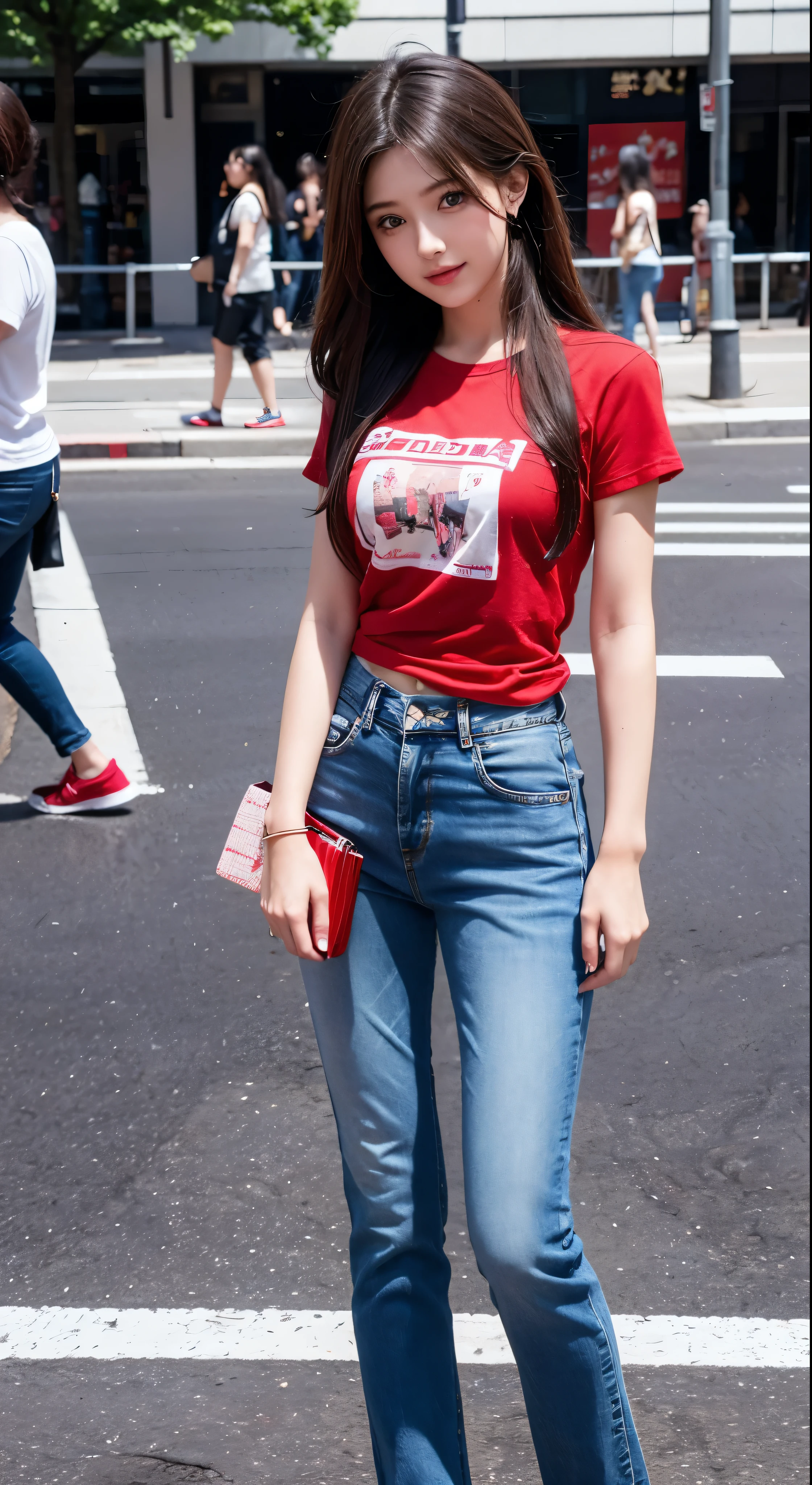 with high definition images,1girl, cute, young, Stylish beauty,Red T-shirt and denim pants，Facial details (3N1DS1NCL41R:0.9), Photorealistic photography, Highly detailed images, Street Photography, Harajuku{Highest quality}, {{masterpiece}}, {High resolution}Full body high quality images