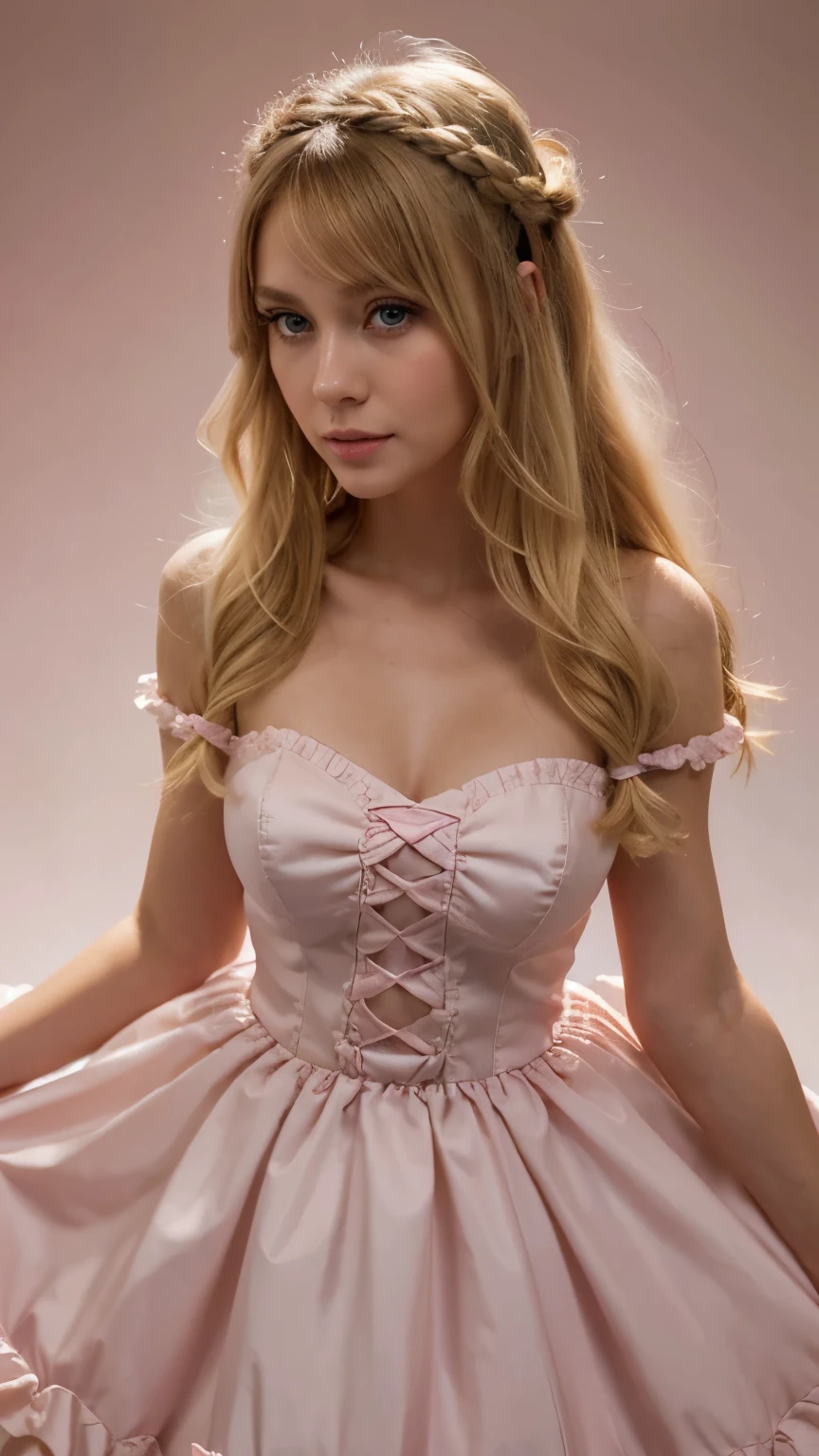 best quality, superfine, 16K, incredibly absurd, extremely detail, beautiful sweet woman, shy, big shining eyes, blonde two-sided princess hairstyle, and a princess-like pink ruffled dress with a long flared skirt, simple colored background