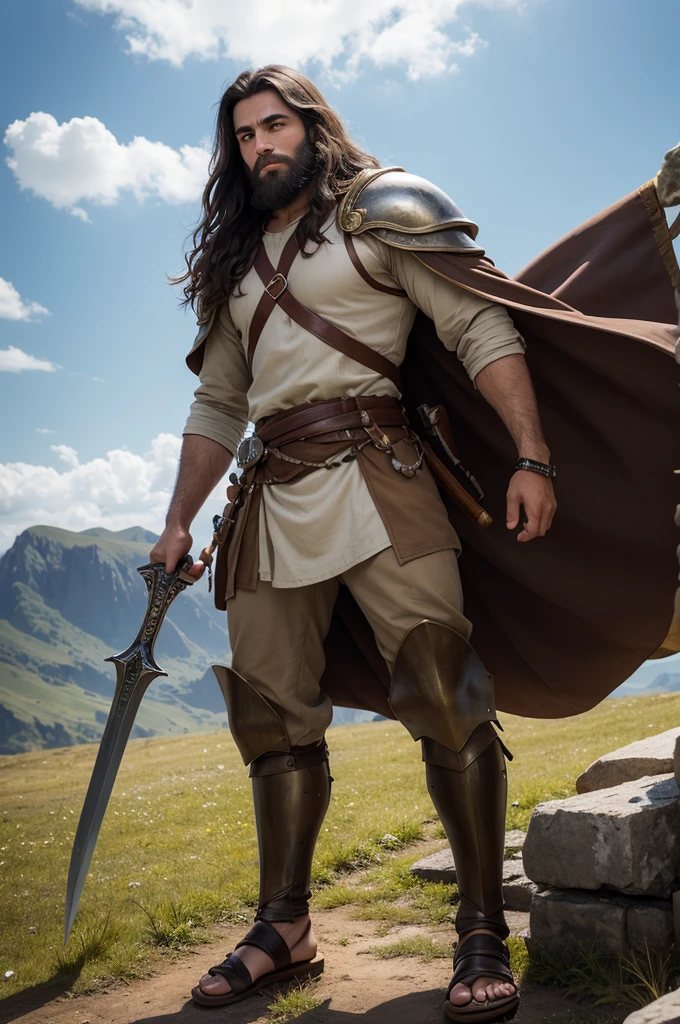 "A young boy around , with fair skin, light brown wavy hair, and brown eyes. He is wearing a simple light-colored tunic and sandals, holding a sling and a leather pouch for stones. He stands determined and brave, facing a giant around 3 meters tall. The giant has tanned skin, is muscular, with dark long hair, a thick beard, and is wearing full bronze armor. He holds a large sword and spear, with a threatening and confident expression. The setting is a battlefield with hills in the background."