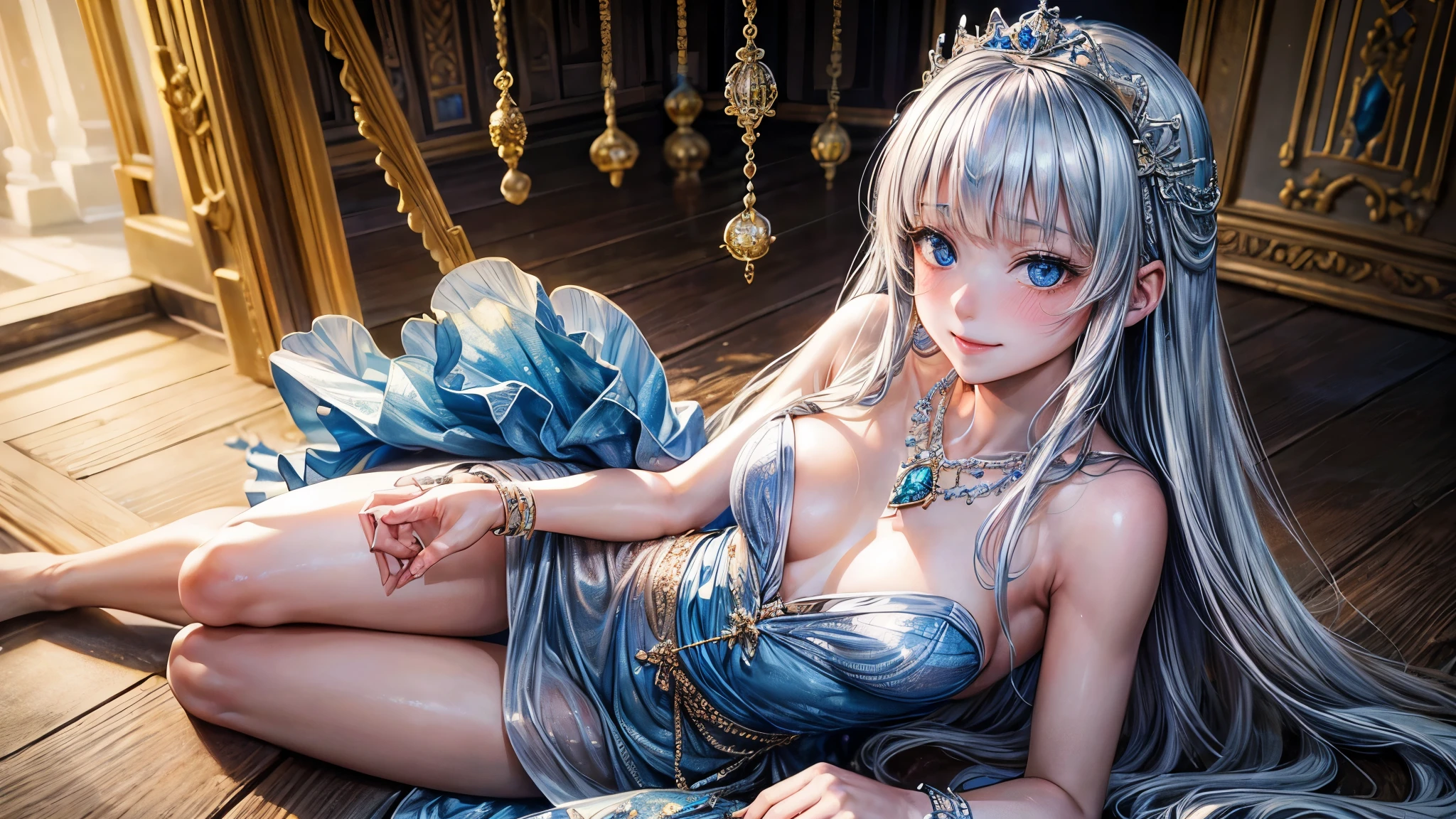 (masterpiece, Highest quality:1.3), (Super detailed:1.4),(Super detailed顔:1.2),(Super detailed目:1.2), (hyperRealistic:1.3), (RAW Photos:1.2), High-definition RAW color photos, Professional photos, (PhotoRealistic:1.4), (Realistic:1.4),8k,Professional Lighting, Perfect Anatomy, BREAK,small breasts,(blush),(Bright smile:1.2), High detail, Sharp focus, dramatic,dutch angle,Medieval Princess,Inside the temple,gem,ring,necklace,Blue Dress,crystal,Silver hair colour,blue eyes,sitting