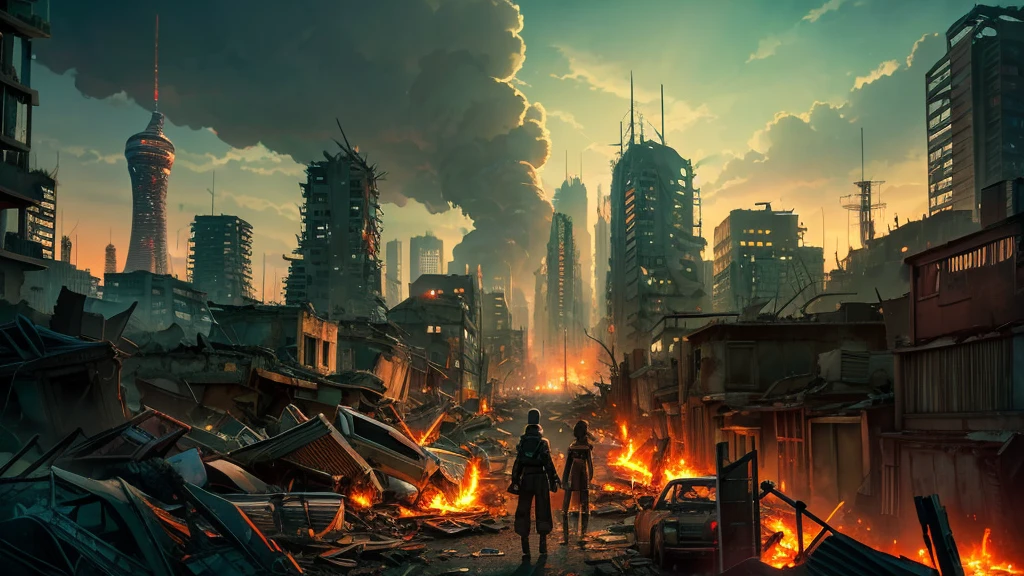 anime scene of a city with a lot of candles and trees, post apocalyptic tokyo, anime scenery concept art, anime background art, outdoors ruined cityscape, in a ruined cityscape, background is a city in ruins, ruined city in the background, ruined cityscape, city ruins background, an ancient city on fire, city ruins in the background, fire