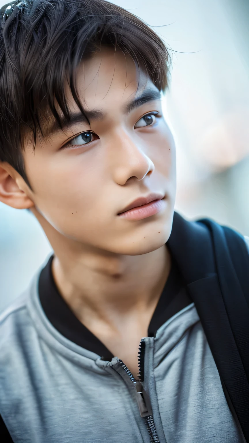 Highest quality, masterpiece, Ultra-high resolution, (Realistic: 1.4), Original photo, wallpaper, Head Photo, skin, Simple Background, Iris, detailed, Selfie, 1 boy, 18-year-old, good looking, Wind,bike