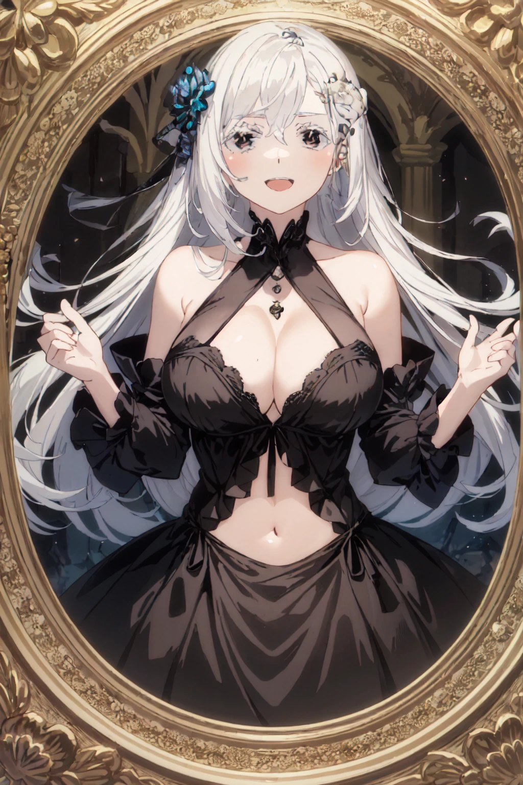 (masterpiece:1.2, Highest quality),  colorful, Hyper Detail, Intricate details, wallpaper, 1 girl, alone, echidna, Black Dress, (Detailed fantasy outdoor background), Large Breasts, View your viewers, smile, Side Lock, Long white hair, hair ornaments, [belly button], Upper Body, Long sleeve, （Black lace dress:1.4)Opening mouth,Similar to You&#39;suffocate again,In the photo, she seems stunned.,Busty woman posing for a photo,Perfect expression,Likely to burst,Your breasts will get bigger,huge ,A lewd tattoo is carved into the cleavage,My breasts are getting bigger,Big ,