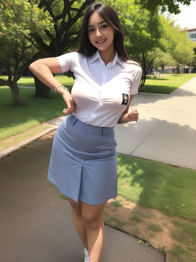 1girl, solo, (uniform), standing, outdoors, detailed face, seductive smile, detailed eyes, semi-huge breasts, smooth skin, tight white shirt, grey blue short skirt, looking at the audience, low angle shot,(8k, RAW photo, best quality, masterpiece: 1.2), (realistic, realistic: 1.37), ultra-high resolution