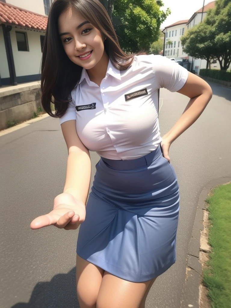 1girl, solo, (uniform), standing, outdoors, detailed face, seductive smile, detailed eyes, semi-huge breasts, smooth skin, tight white shirt, grey blue short skirt, looking at the audience, low angle shot,(8k, RAW photo, best quality, masterpiece: 1.2), (realistic, realistic: 1.37), ultra-high resolution