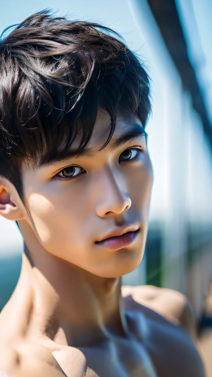Highest quality, masterpiece, Ultra-high resolution, (Realistic: 1.4), Original photo, wallpaper, Head Photo, skin, Simple Background, Iris, detailed, Selfie, 1 boy, 18-year-old, good looking, Wind,gym