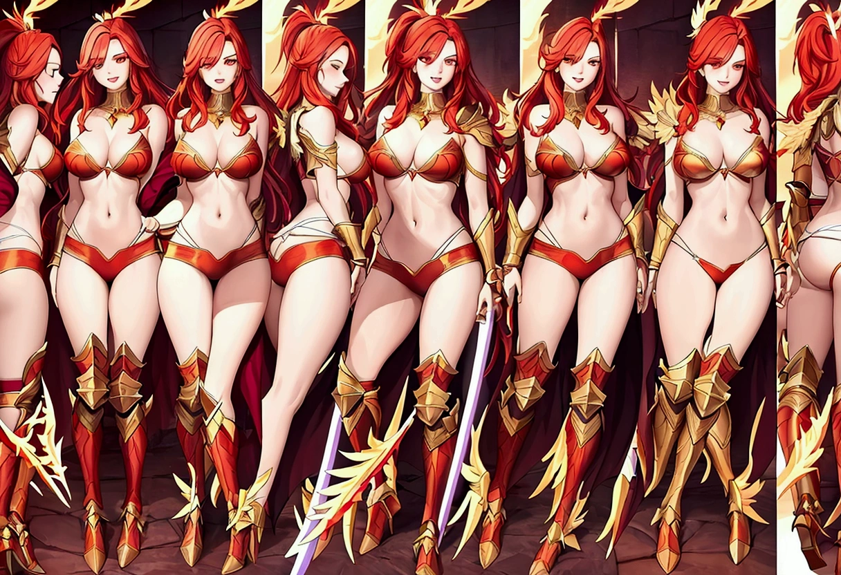 (Masterpiece, best quality), detailed, 1girl, ((character concept art)), ((character design sheet, same character, front, side, back)), many items, (Aveline has fiery red hair that seems to flicker like flames, and her eyes are a bright, burning amber. She wears armor that resembles phoenix feathers, with a long, flowing cape that looks like a pair of wings. She wields a flaming sword that ignites with her will.)