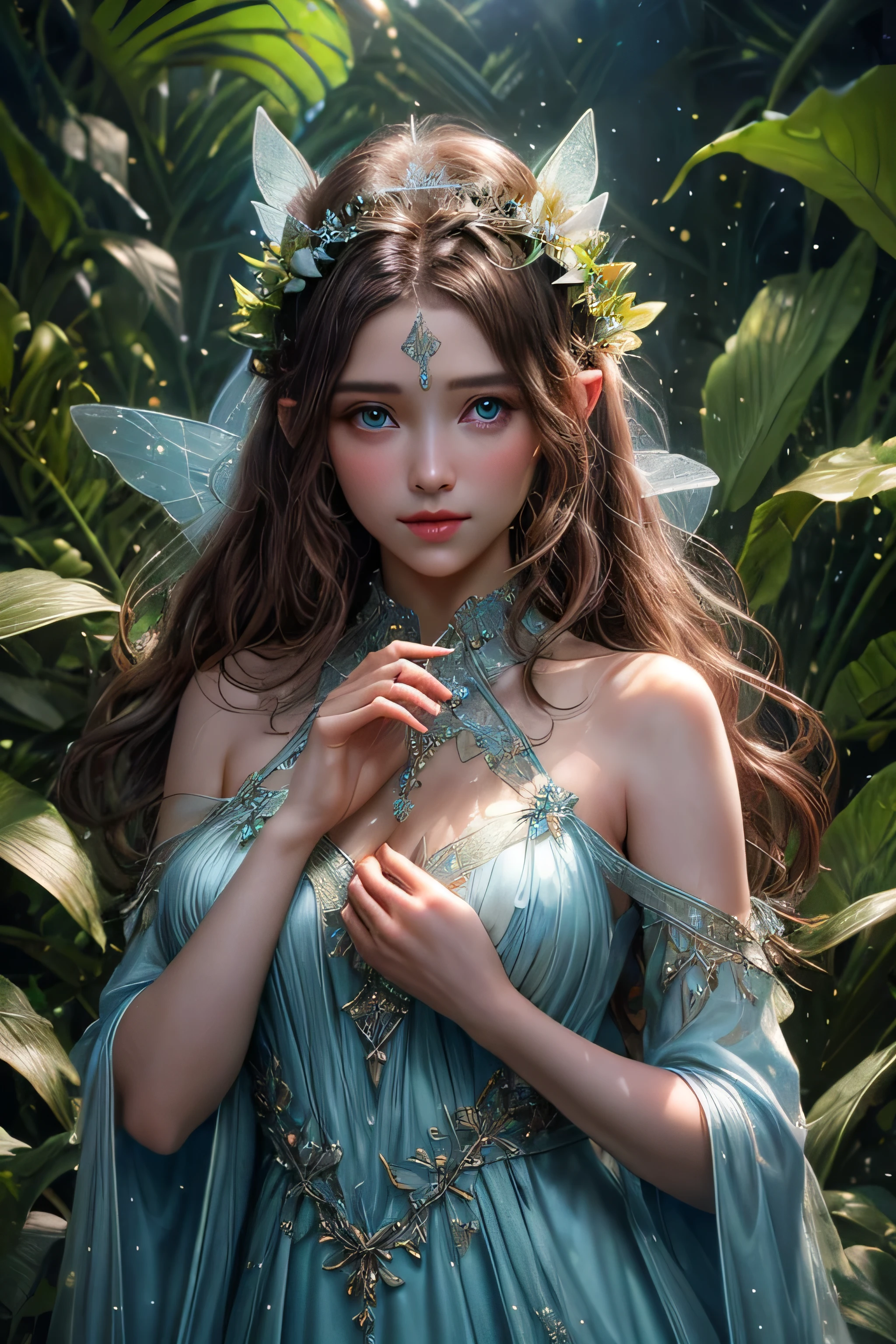 A fairy women wear long milk blue dress, beautiful face, beautiful eyes, long fairy ears, long brown hair, branch tiara, touching the glistening dewdrops hanging on the leaves with her finger, background fairy jungle that have neon glow plants, ray of light, morning vibes, high class fashion, a lot of detail, ornaments, cinematic lighting, close up shot 50mm, high angle, masterpiece, ultra detailed, hyper realistic, ultra hd, 8k