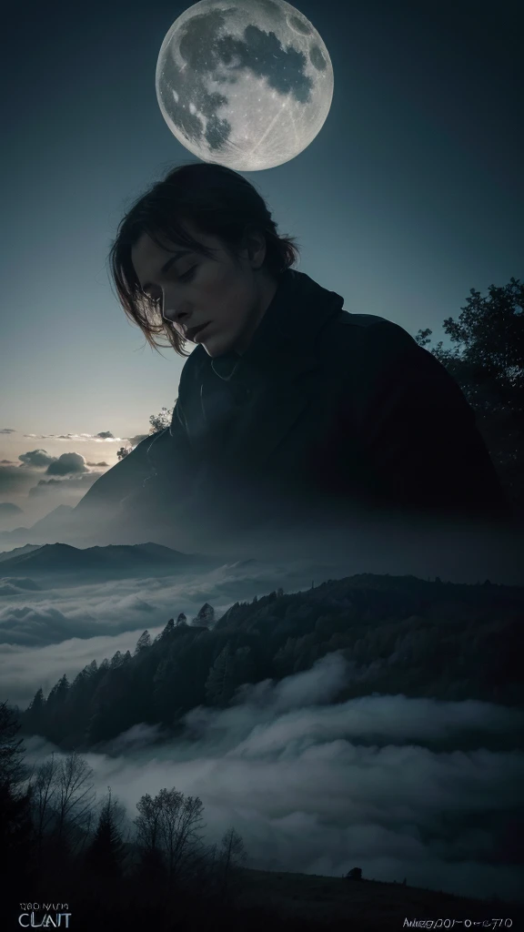 Photo style affiche de film des années 70 .Au premier plan un champ la nuit , l'entree en forme de cercle  tres sombre dans d'une  foret sinistre   ,ciel couvert nuages ,  croissant de lune , dark fantasie 