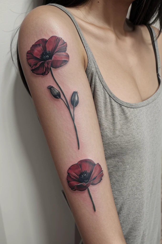 A delicate poppy with two flower spikes on the sides forearm tattoos