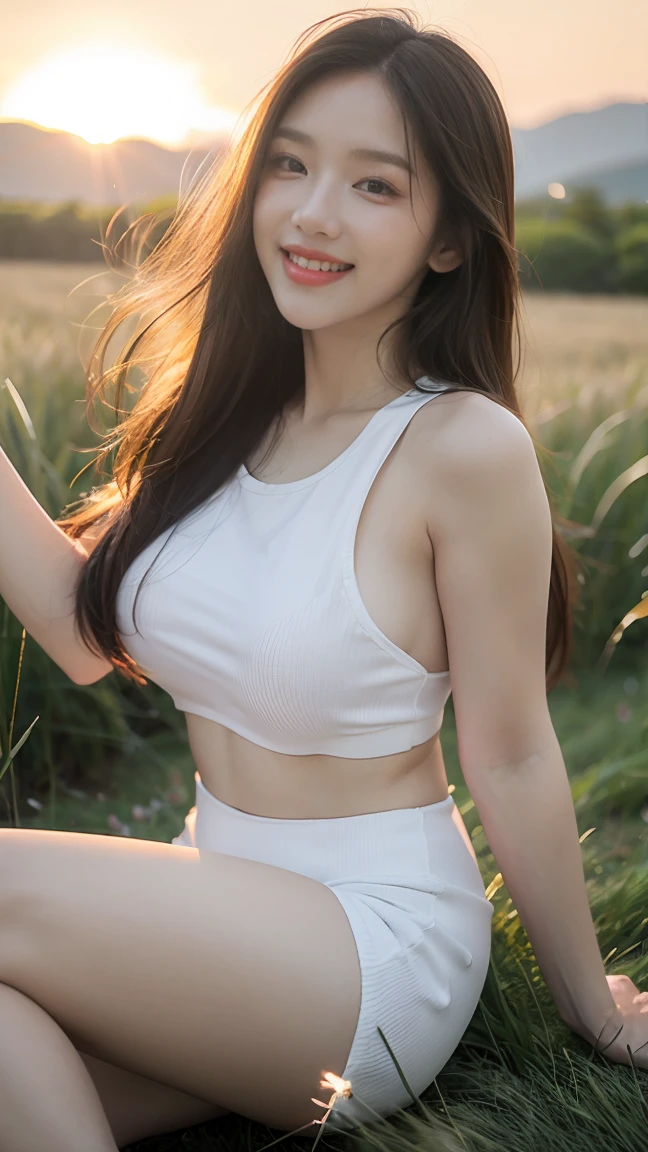 no, Ray Tracing, Radio City, Anisotropic filtration, 16,000, best quality, 1 woman, alone, mature,  beautiful mountain climber, Shorts, light singlet, Gradient long hair, laugh、sunset ,((big breasts)) (((grass field))) Sit on a rock.